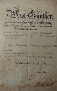 Rudolstadt Verleihungsurkunde Ehrenkreuz 3. Klasse mit Eichenbruch