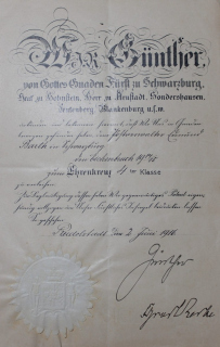 Rudolstadt Verleihungsurkunde Ehrenkreuz 4. Klasse
