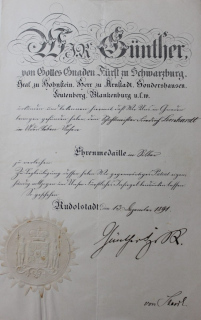 Rudolstadt Verleihungsurkunde Ehrenmedaille in Silber