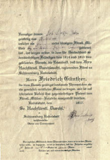 Rudolstadt Verleihungsurkunde Erinnerungskreuz für 1814/15