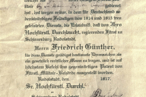 Rudolstadt Verleihungsurkunde Erinnerungskreuz für 1814/15