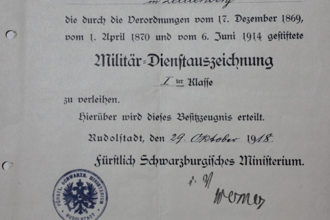 Rudolstadt Verleihungsurkunde Dienstauszeichnung für Unteroffiziere und Soldaten 1. Klasse, Modell 1914-1918