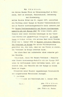 Sondershausen Statuten zur Verdienstmedaille mit Spange 1917